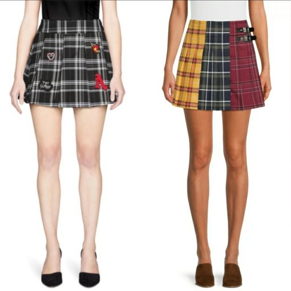Size Small New Pleated Plaid Skirts Patches Cheerleader School Girl Style x2